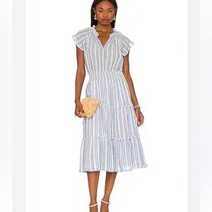 Rails AMELLIA Midi Dress Size XS Blue New Haven Stripe Tiered Linen Blend Boho